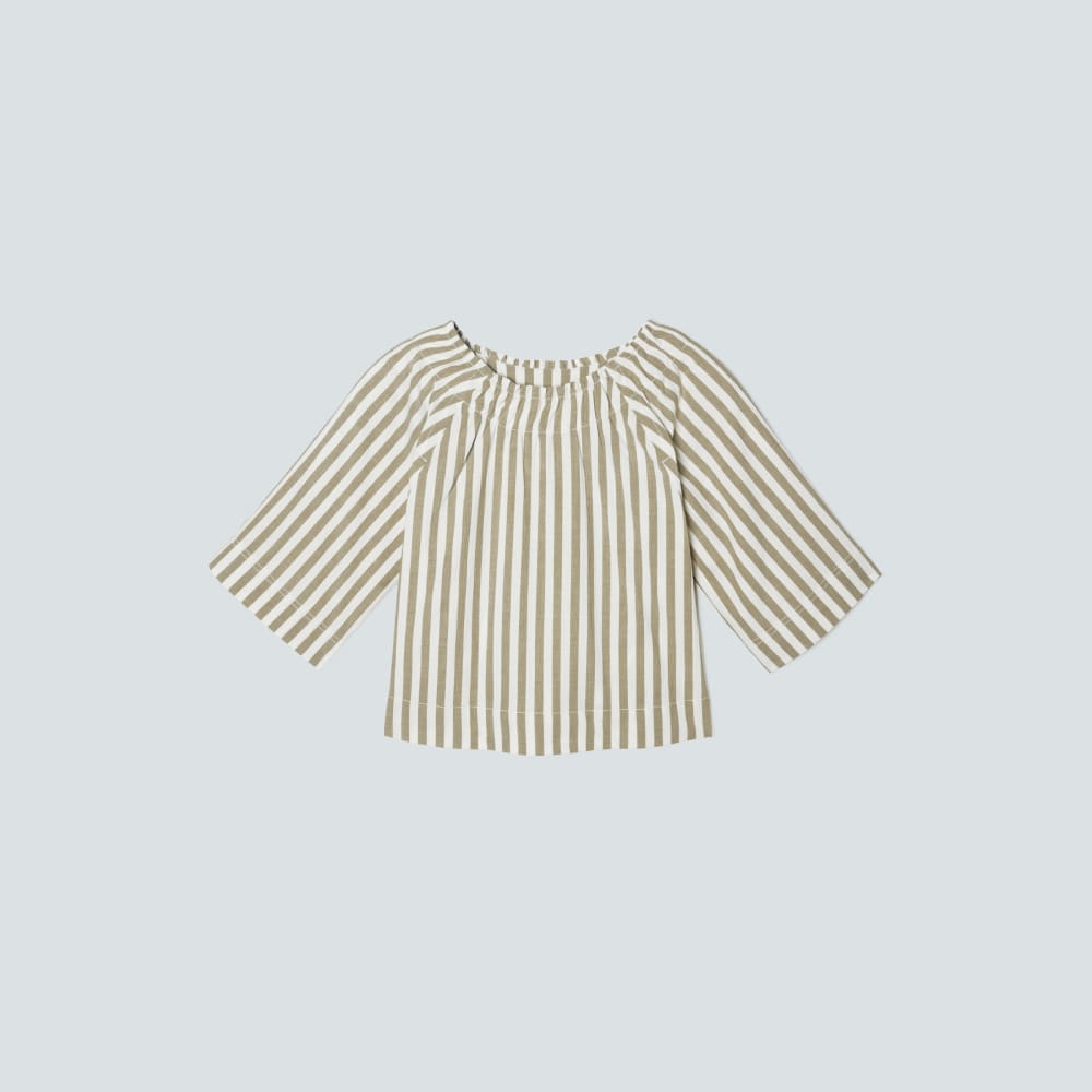 The Seersucker Gathered Tee in Nutria / Off-White — front view