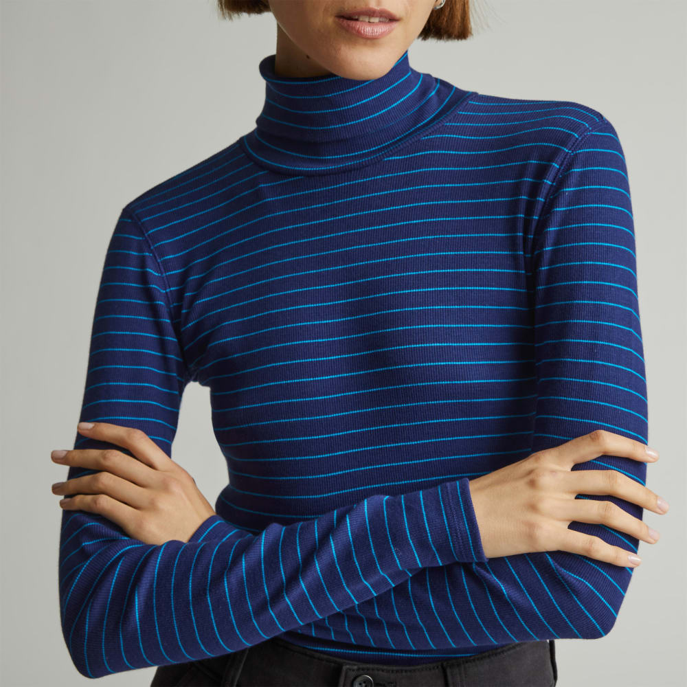 The Luxe Micro-Rib Turtleneck in Ocean Cavern / Horizon Blue — detail view