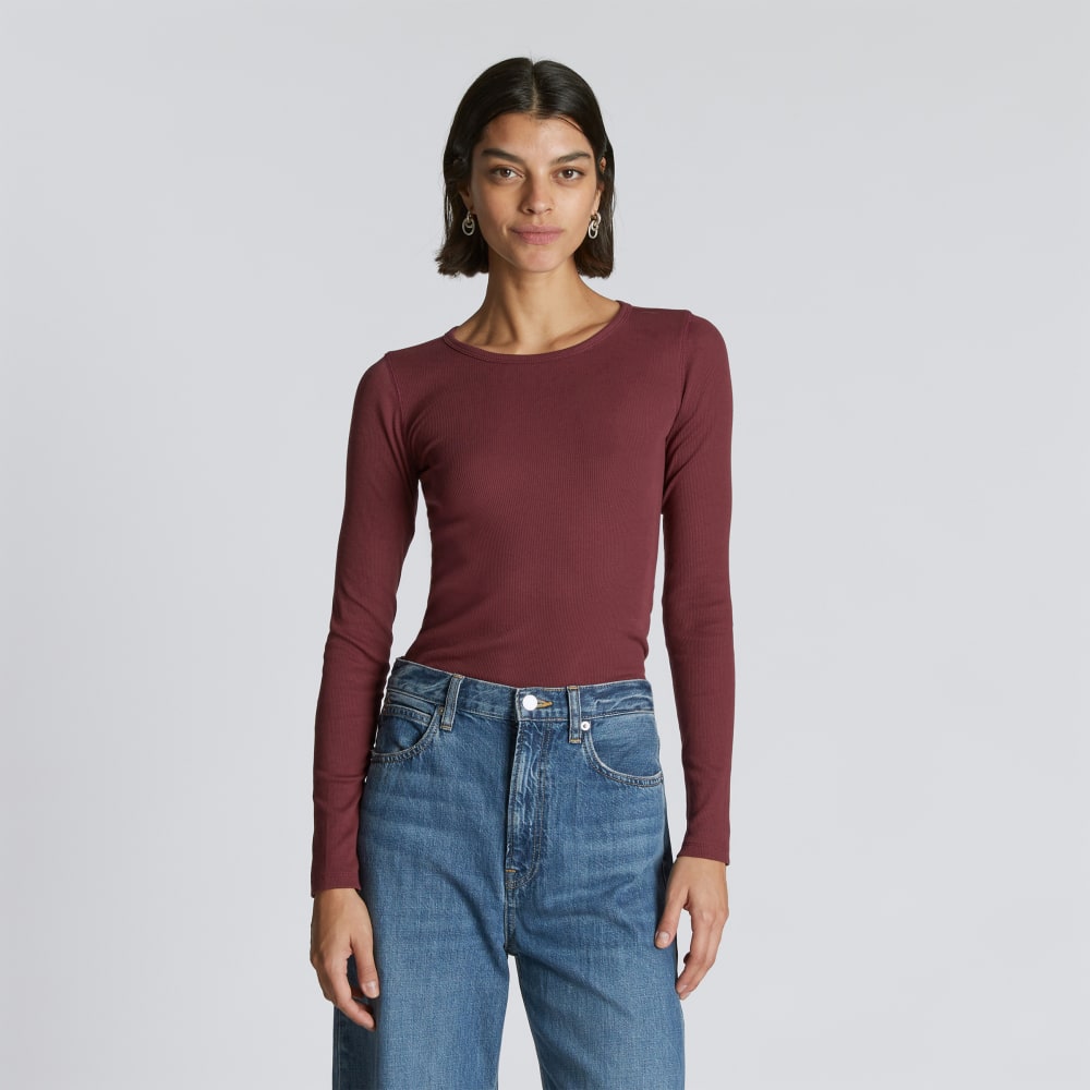 The Pima Micro-Rib Long-Sleeve Crew in Brandy — front view