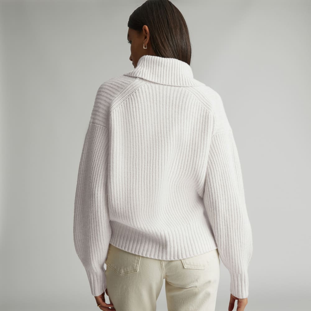 The Felted Merino Shawl Collar Sweater in Heathered Oat — detail view