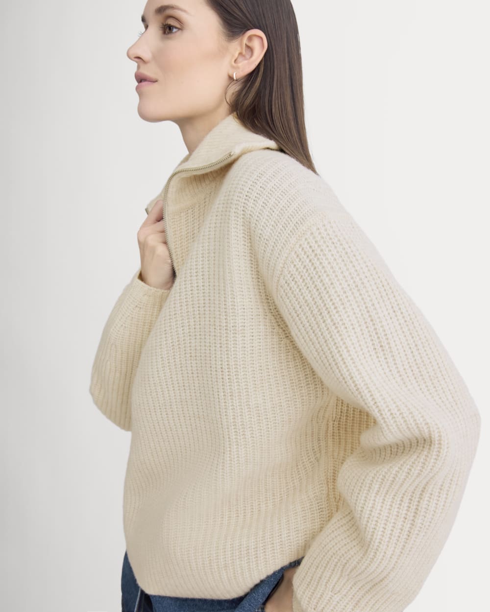 The Half-Zip Sweater in Luxe Merino in Heathered Oat — detail view