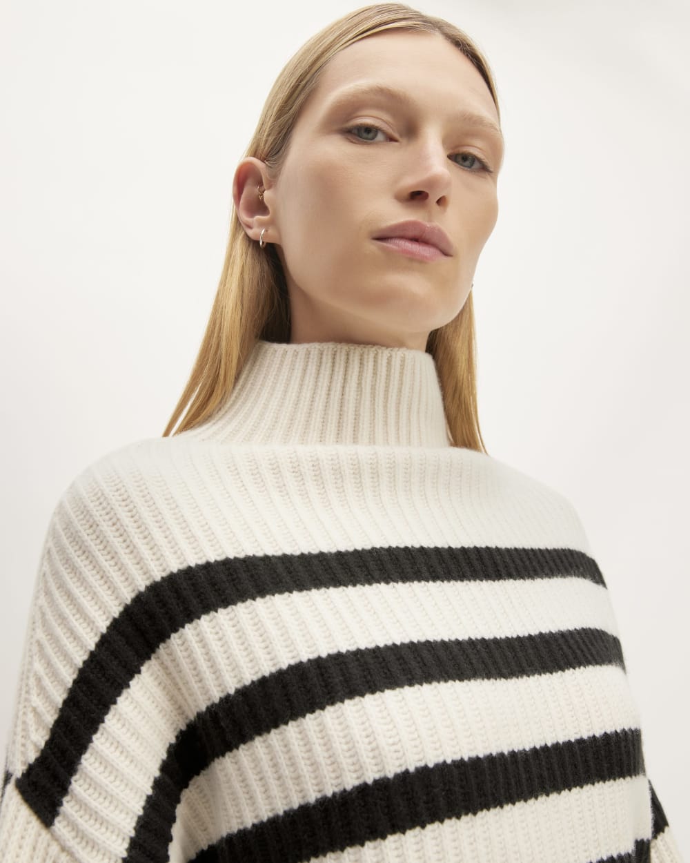 The Felted Merino Funnel-Neck Pullover in Black / Bone — detail view