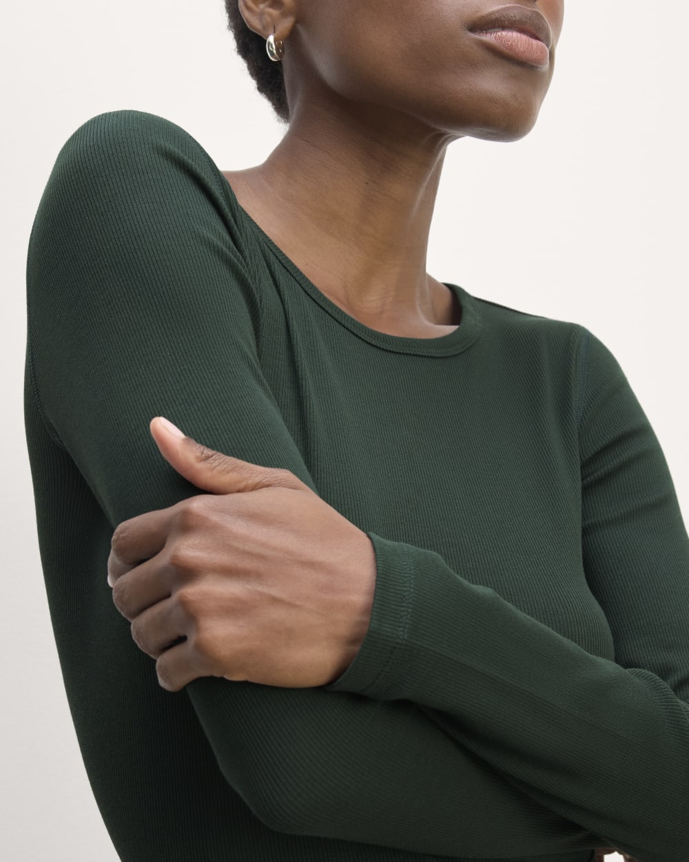 The Luxe Rib Long-Sleeve Crew in Scarab — detail view