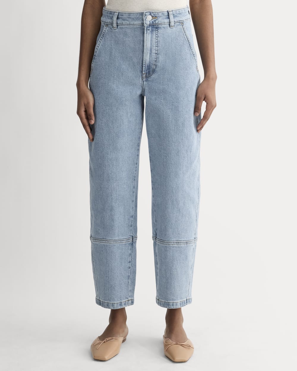 The Utility Barrel Pant in Light Indigo — detail view