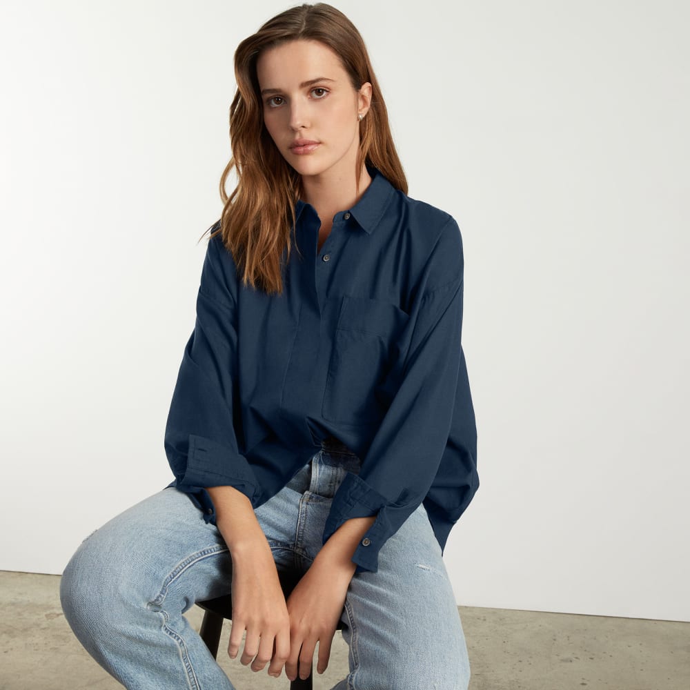 The Oversized Silky Cotton Shirt in Navy — detail view