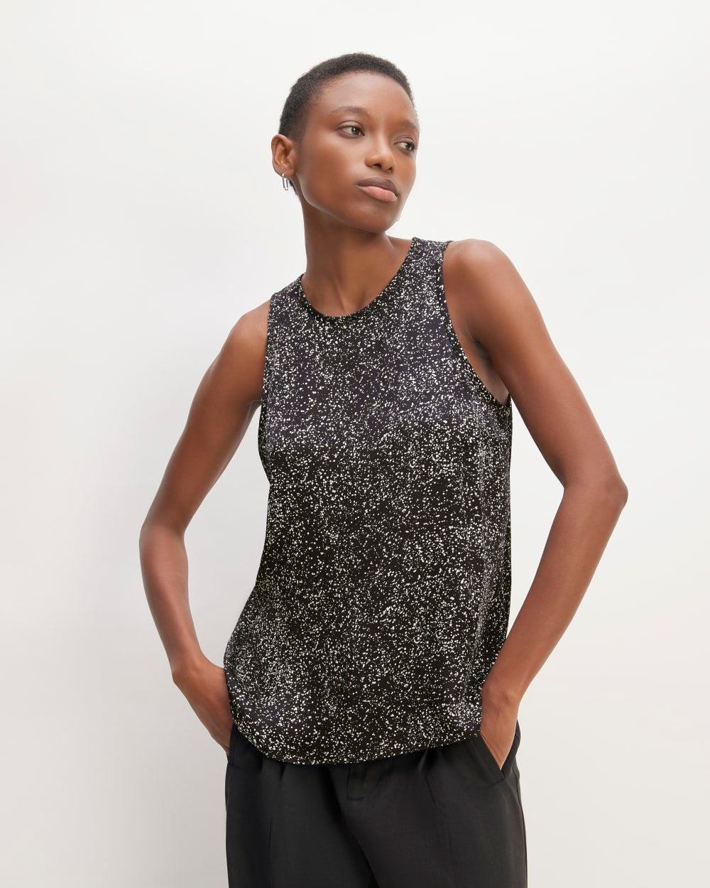 The Satin Racerback Top in Black Moonsplatter — front view