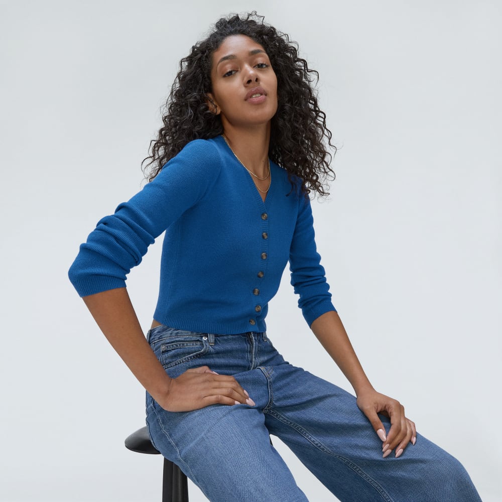 The Luxe Merino Cardigan in Lapis Blue — detail view