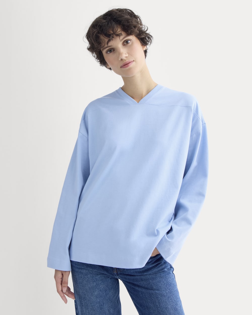 Retro V-Neck Jersey in Open Air Blue — front view