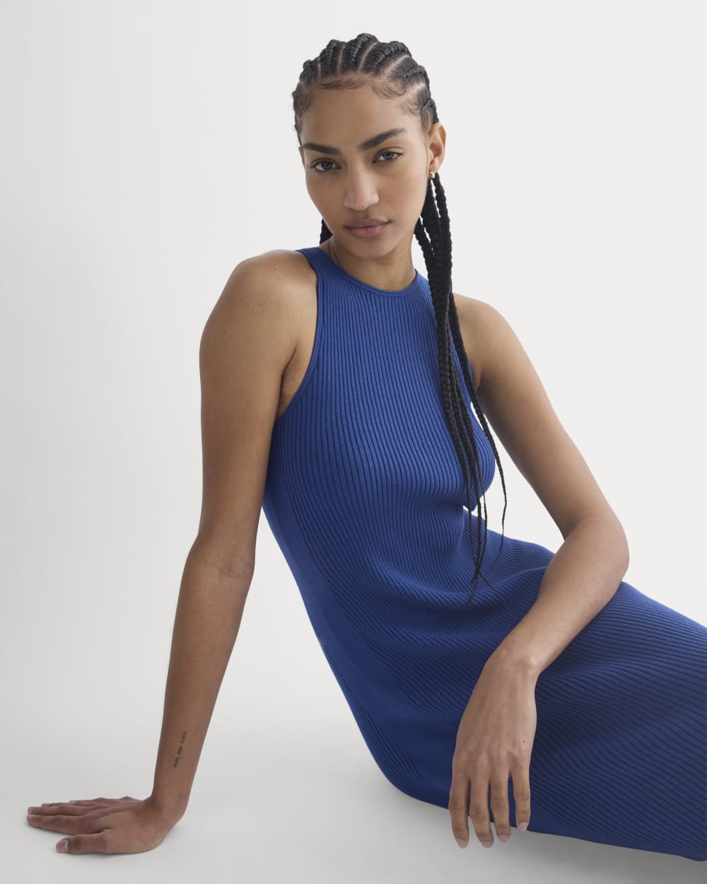 Cutaway Ribbed Midi Dress in Estate Blue — detail view