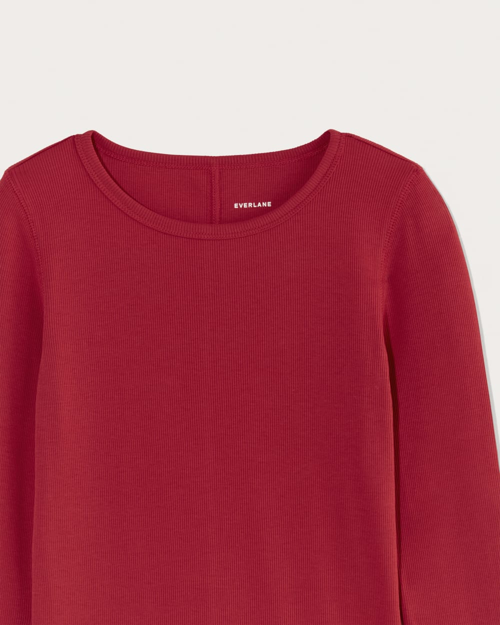 The Luxe Rib Long-Sleeve Crew in Berry Red — detail view