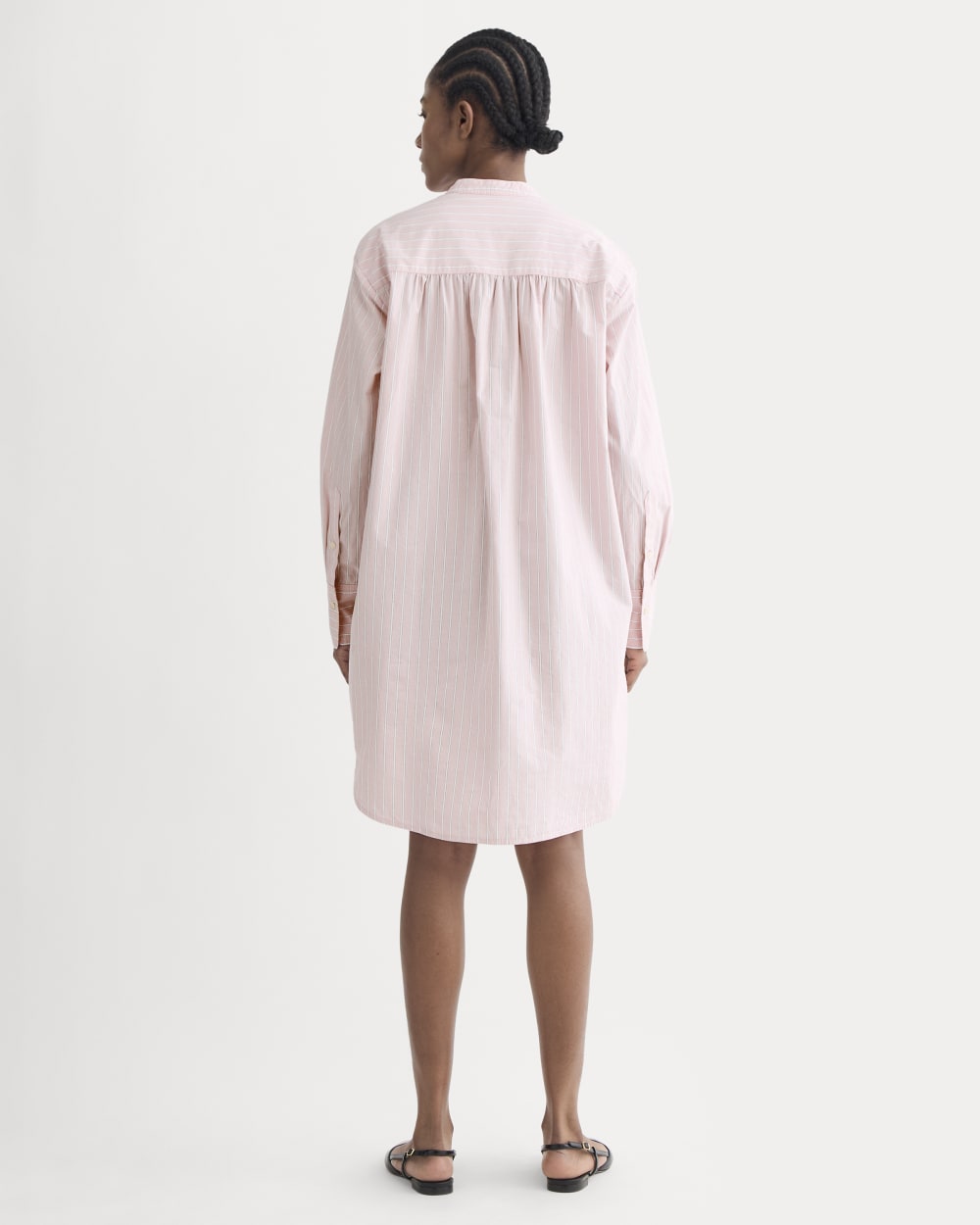 The Relaxed Shirt Dress in Ultrasoft Cotton in Pink / White — detail view