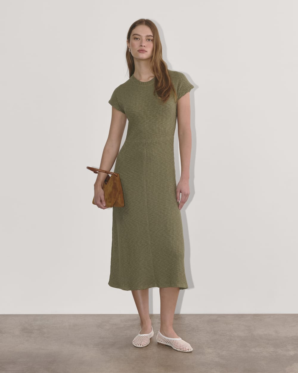 The Rib-Knit Cap-Sleeve Midi Dress in Kalamata — front view