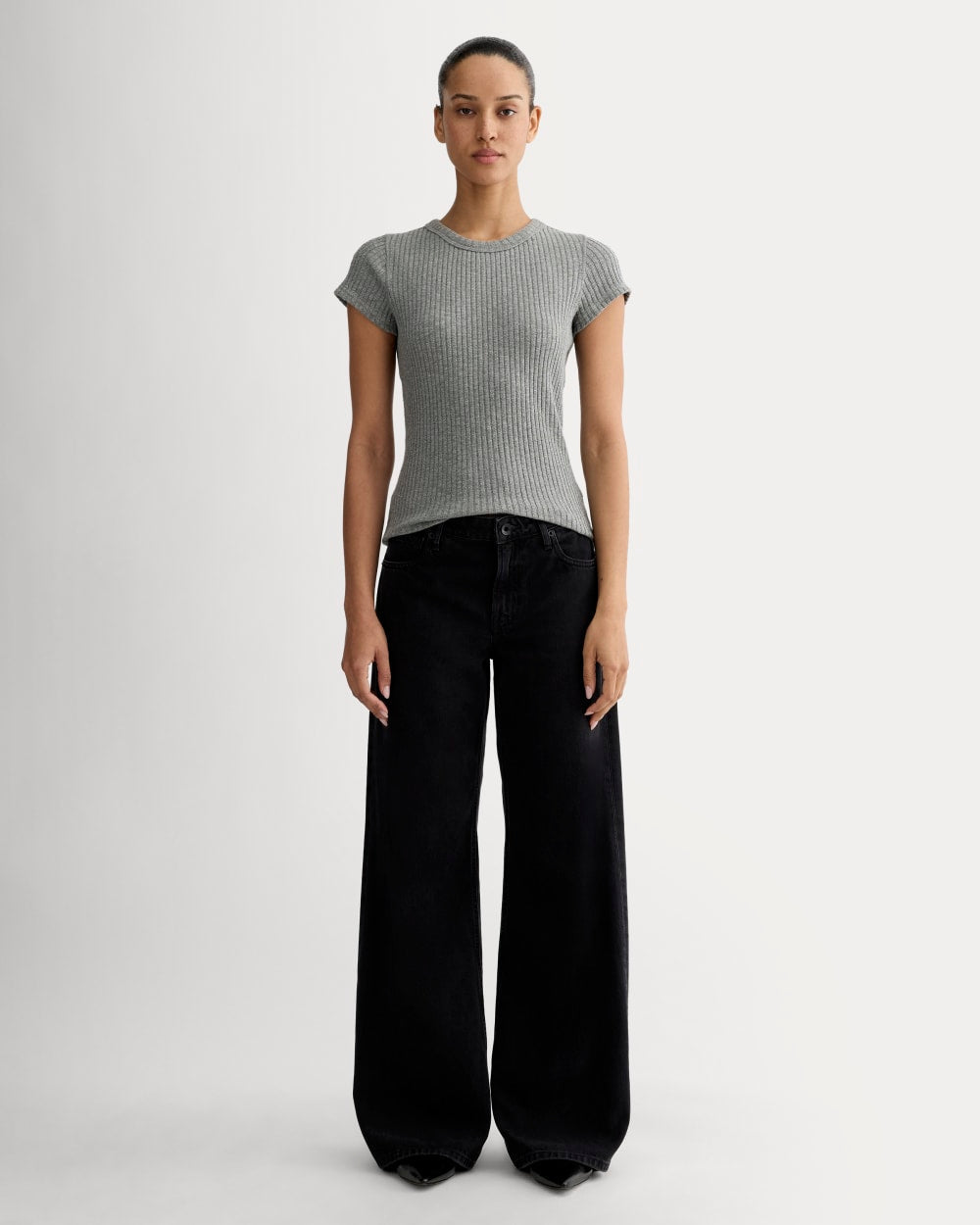 The Cozy Rib Tee in Mid Heather Grey — detail view