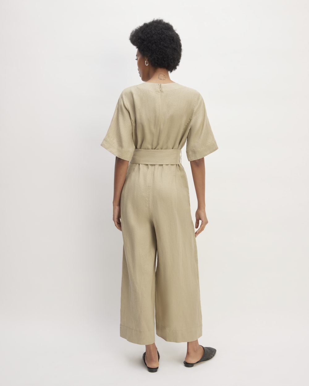 The Wrap Jumpsuit in Linen in Trench Coat Khaki — detail view