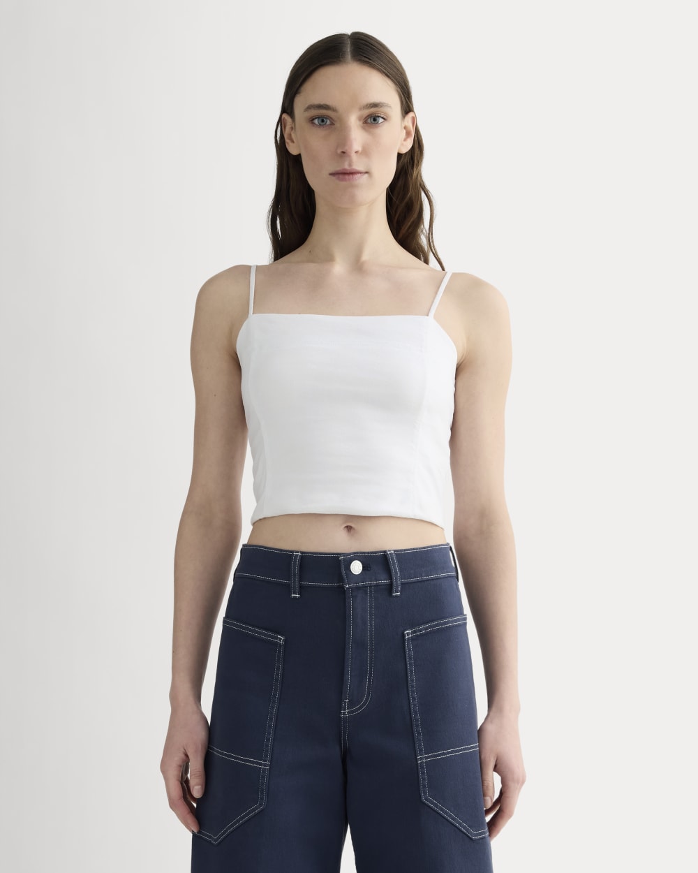 The Seamed Top in Stretch Linen in White — front view
