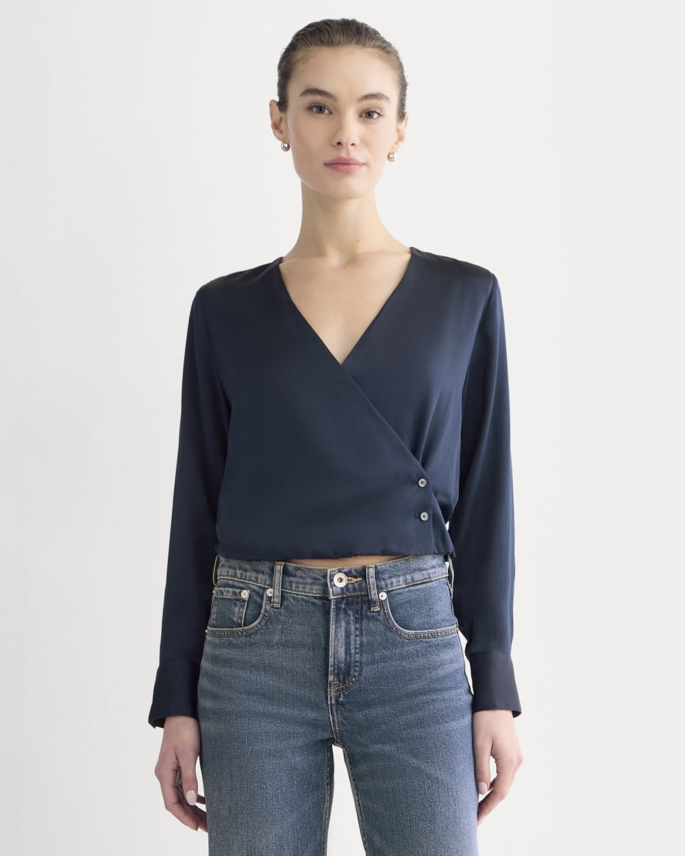 Wrap Top in Silk Charmeuse in Navy — front view