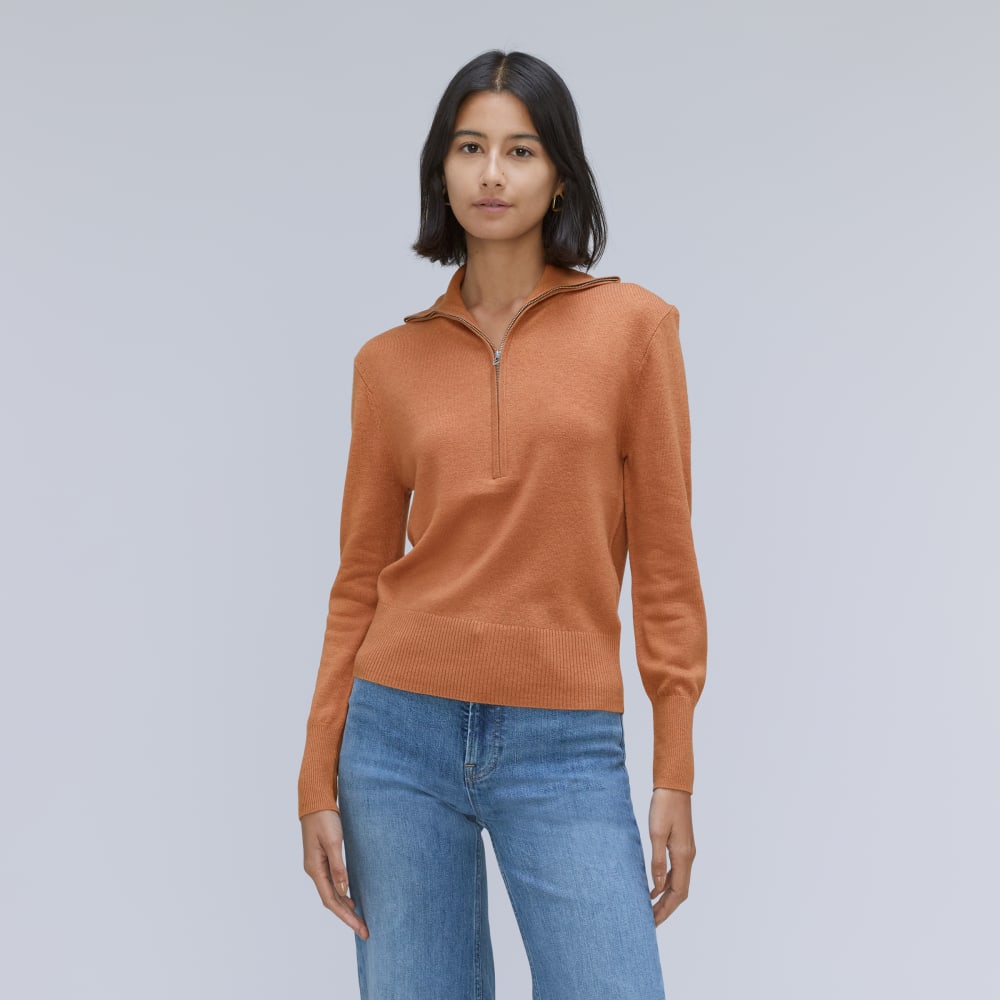 The Luxe Merino Half-Zip Sweater in Tawny Brown — front view