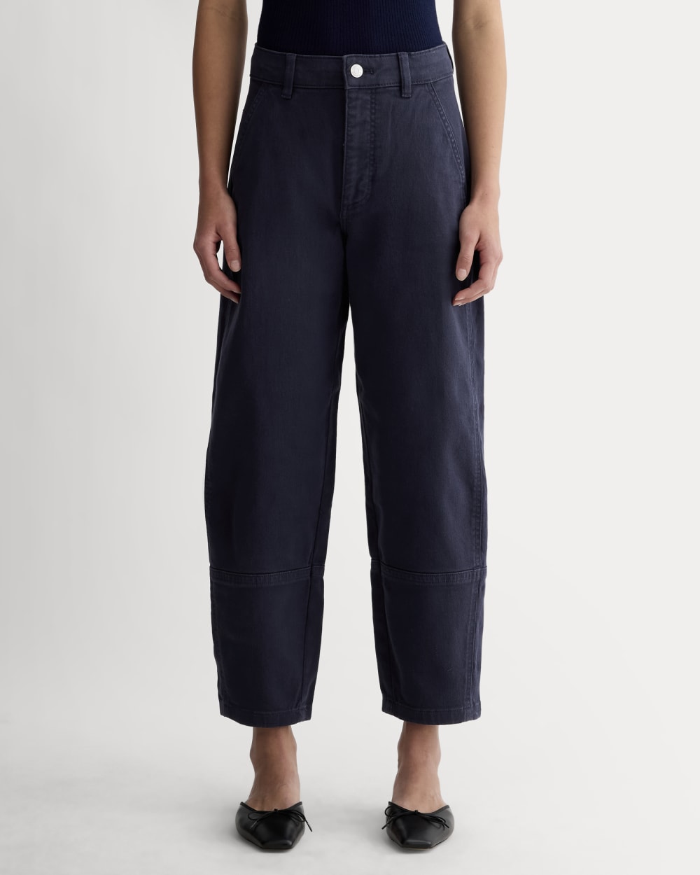 The Utility Barrel Pant in Navy — detail view