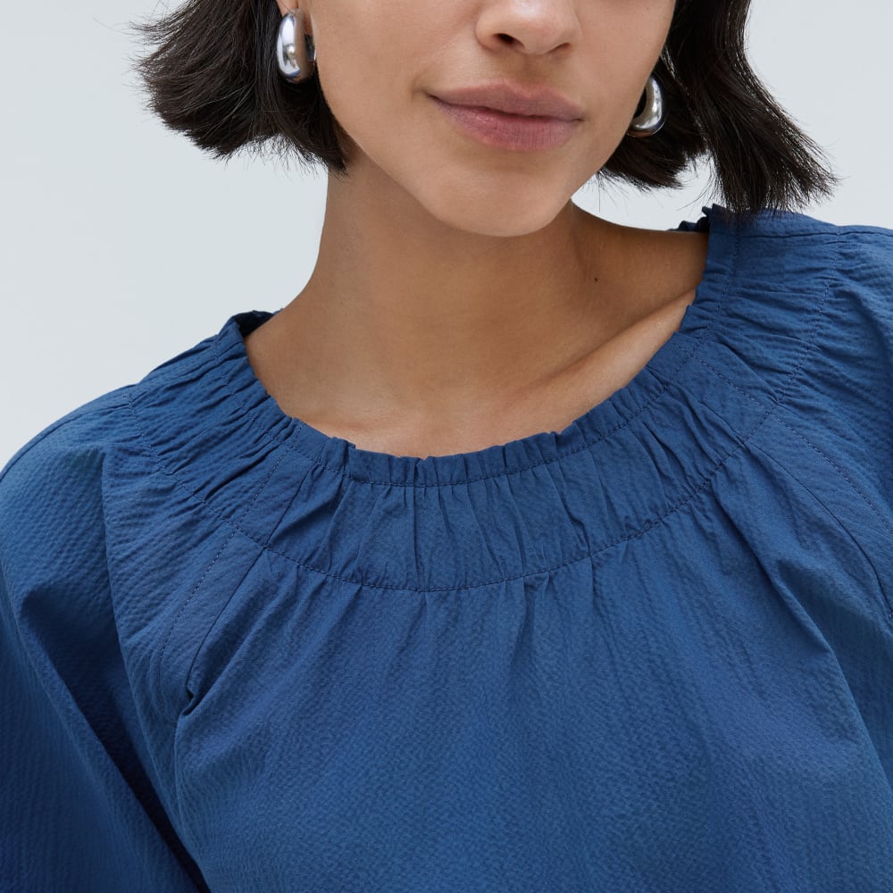 The Seersucker Gathered Tee in Deep Blue — detail view