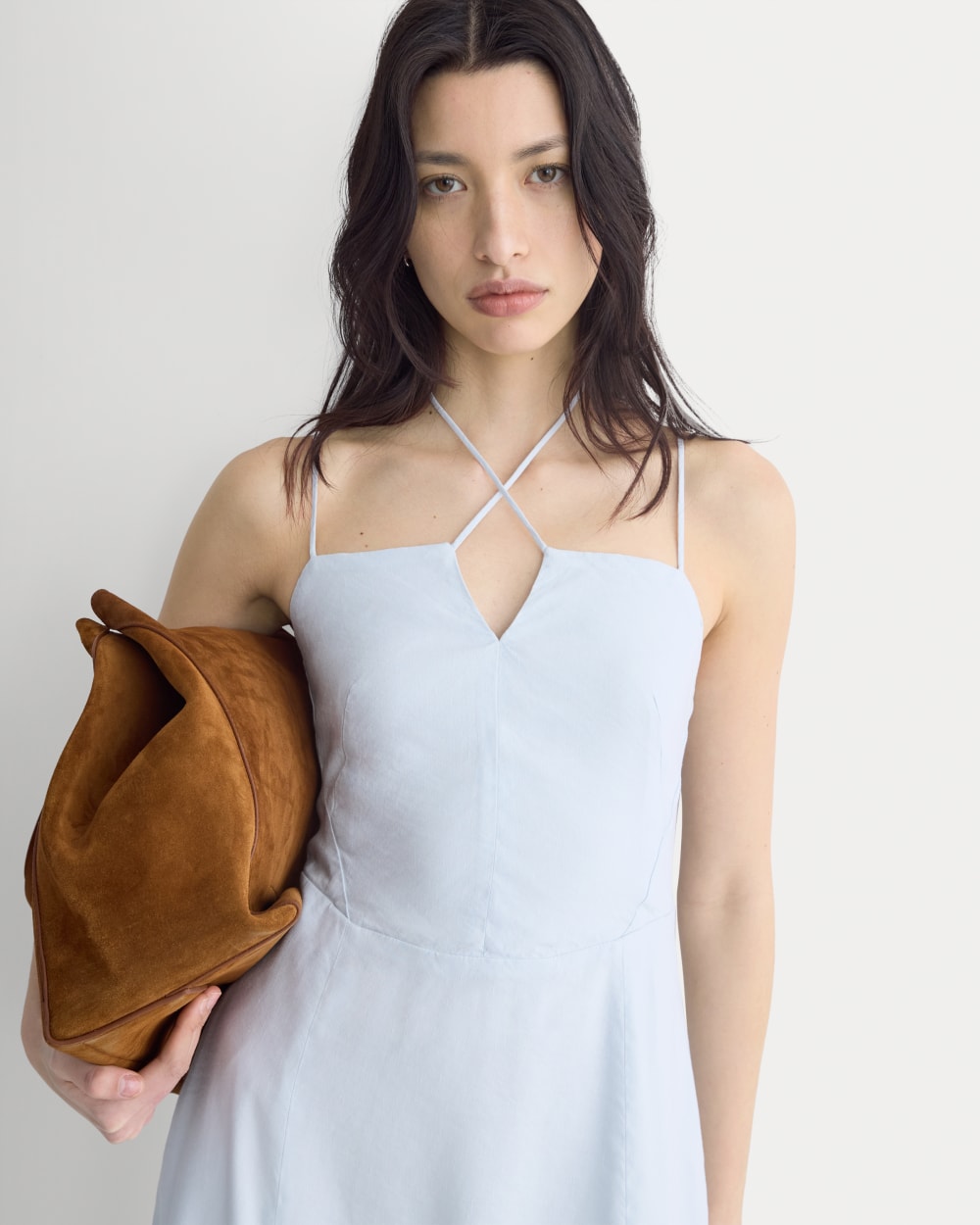 Tie-Neck Dress in Stretch Linen in Skywriting — detail view