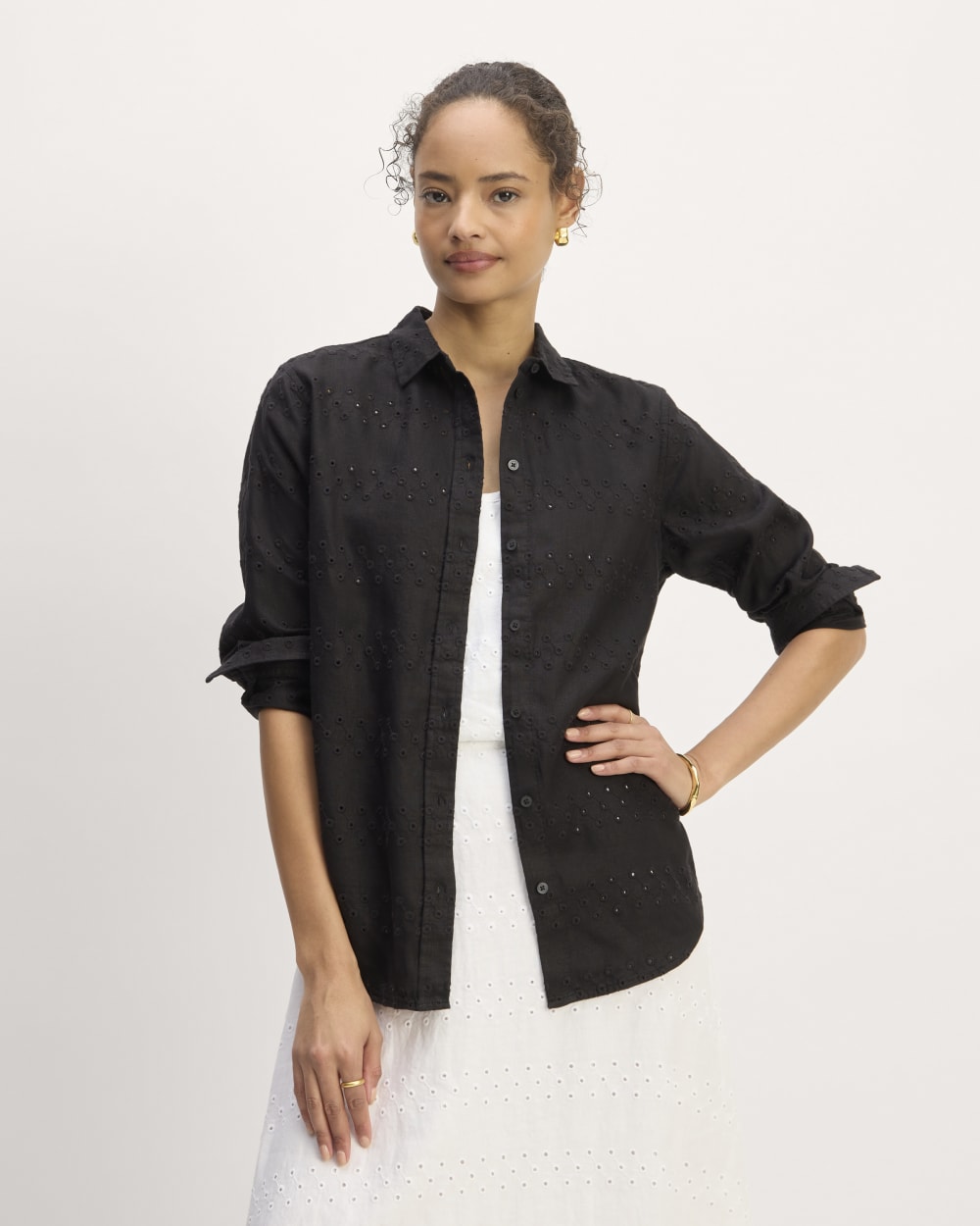 The Linen Eyelet Relaxed Shirt in Black Eyelet — front view