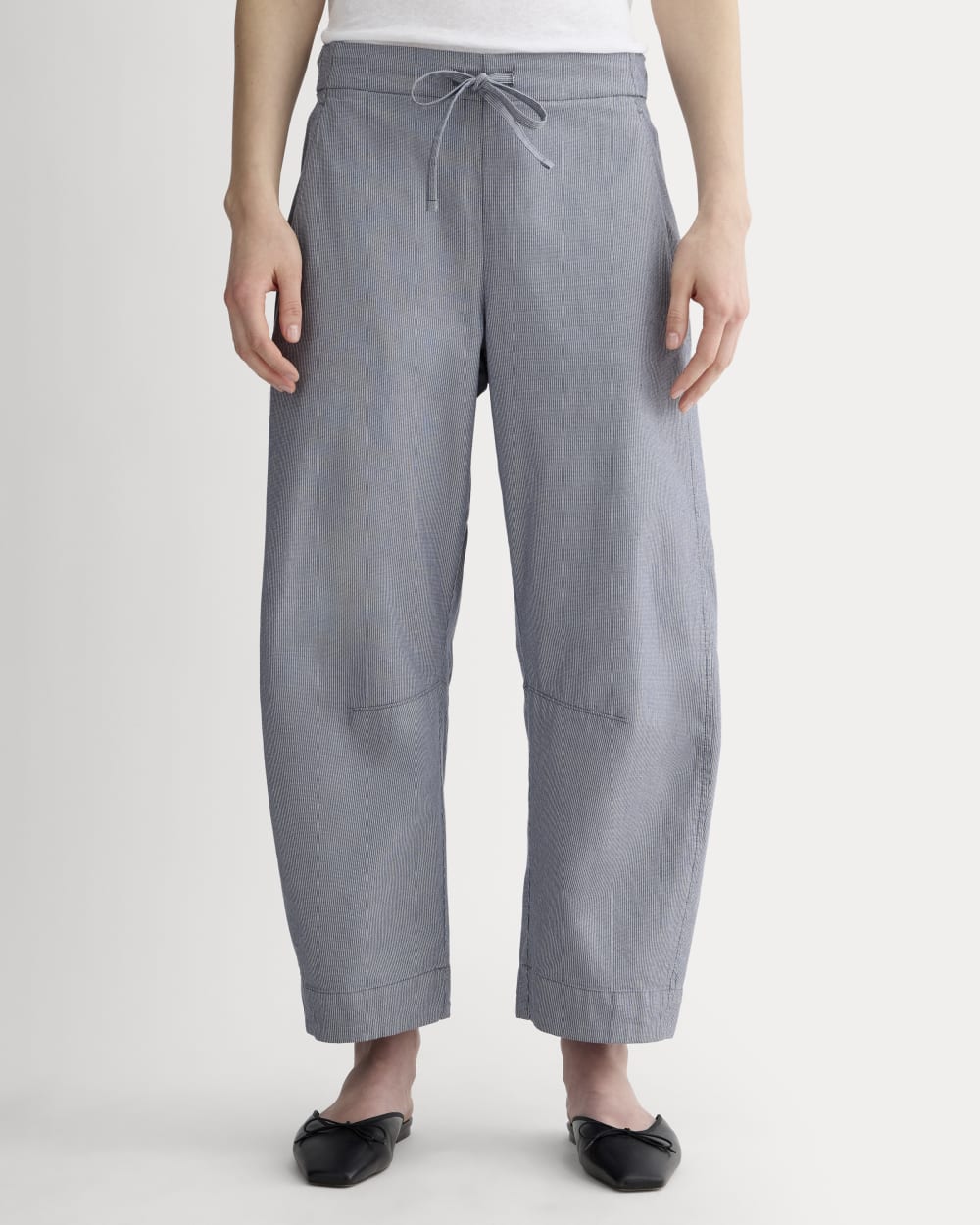 The Easy Barrel Pant in Dark Denim Pinstripe — detail view