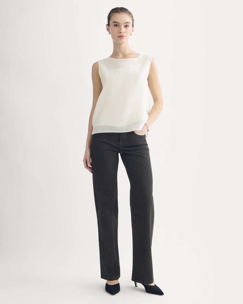 Sleeveless Top in Cotton-Silk Organza in Parchment — detail view