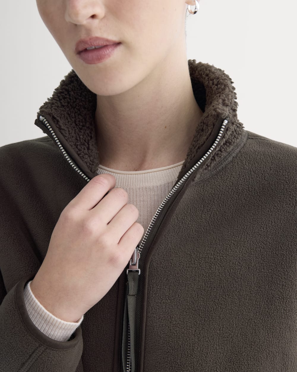 Reversible Teddy Half-Zip Pullover in Coffee Bean — detail view