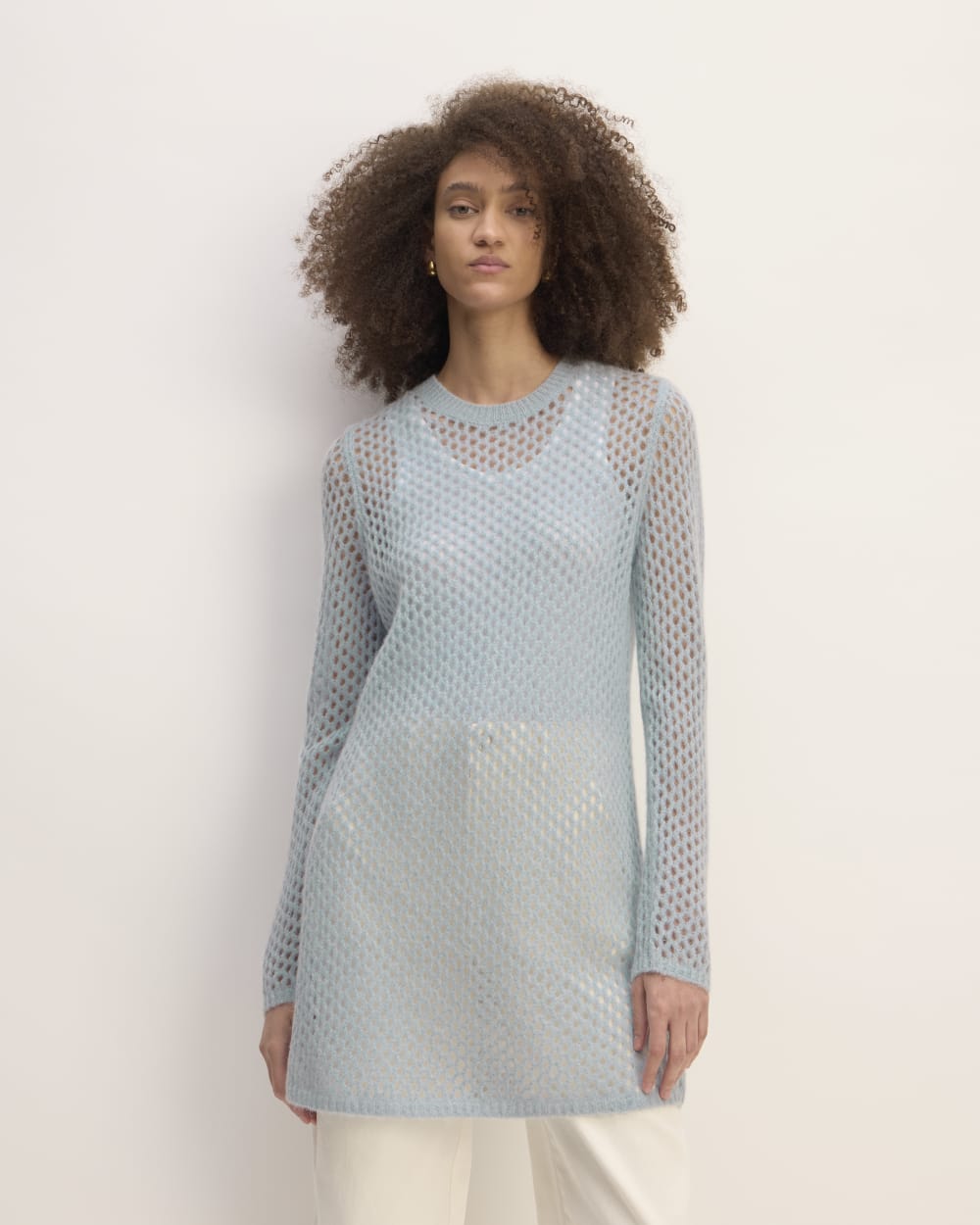 The Everlane x Marques' Almeida Alpaca Mesh Tunic in Mist — detail view