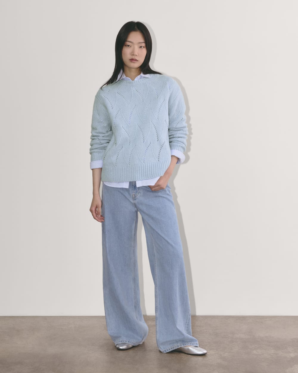 The Pointelle Sweater in Cloud in Chambray Blue — detail view