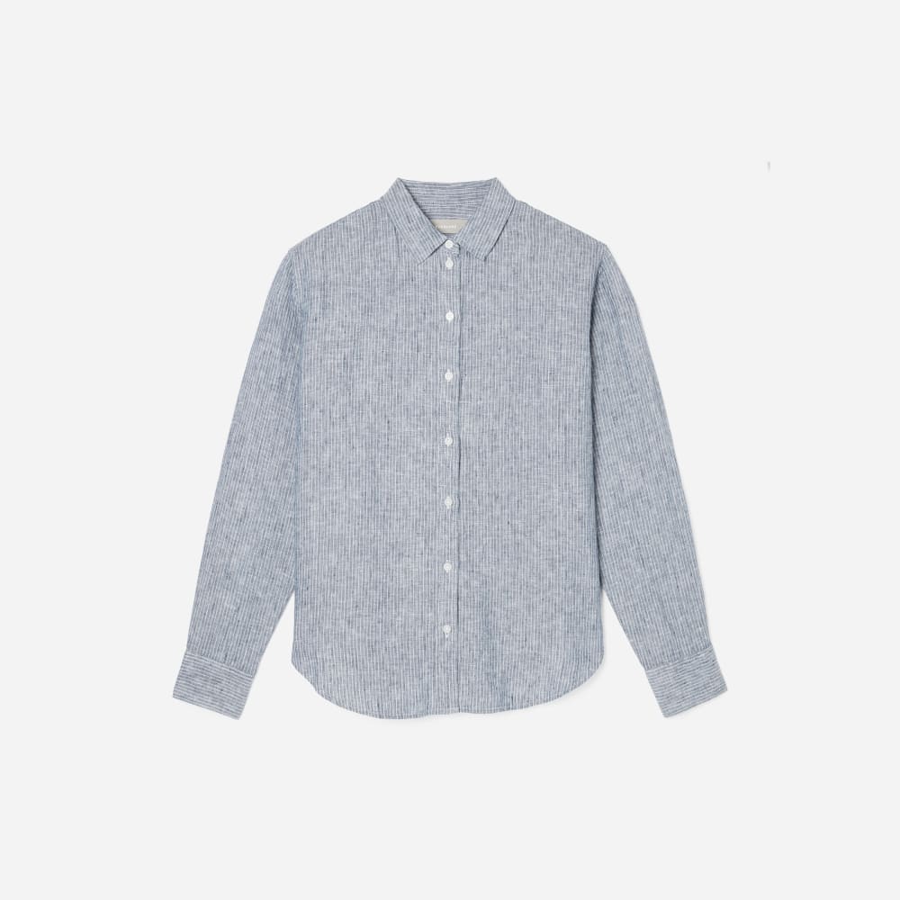 The Must-Have Shirt in Linen in Blue Pinstripe — front view