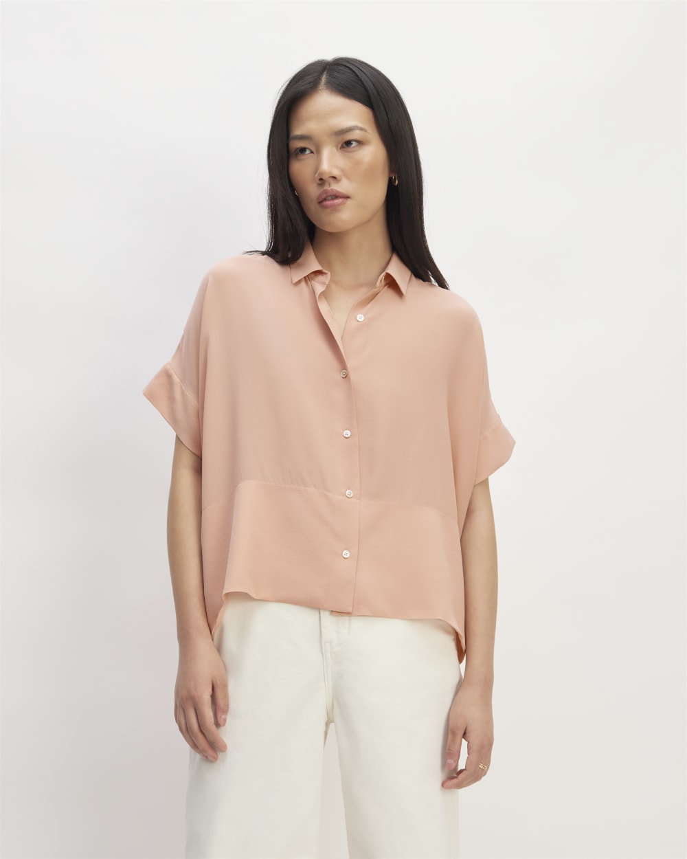 The Boxy Shirt in Washable Silk in Blush Pink — front view