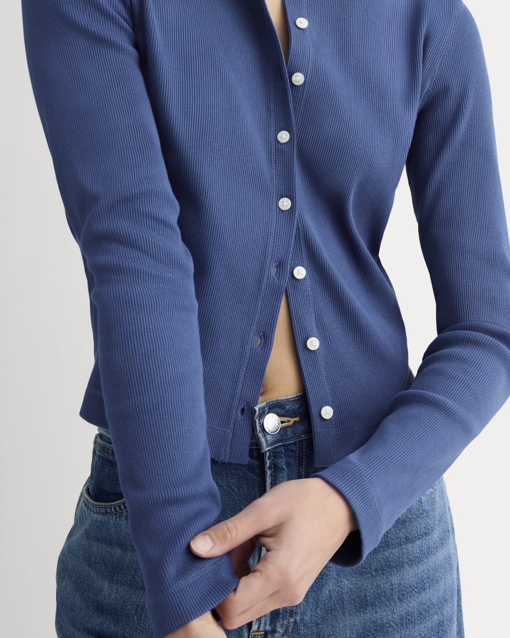 The Selfie Cardigan in Bright Cobalt — detail view