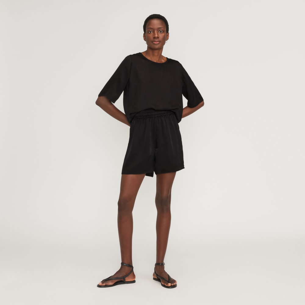 The Satin Relaxed Tee in Black — detail view