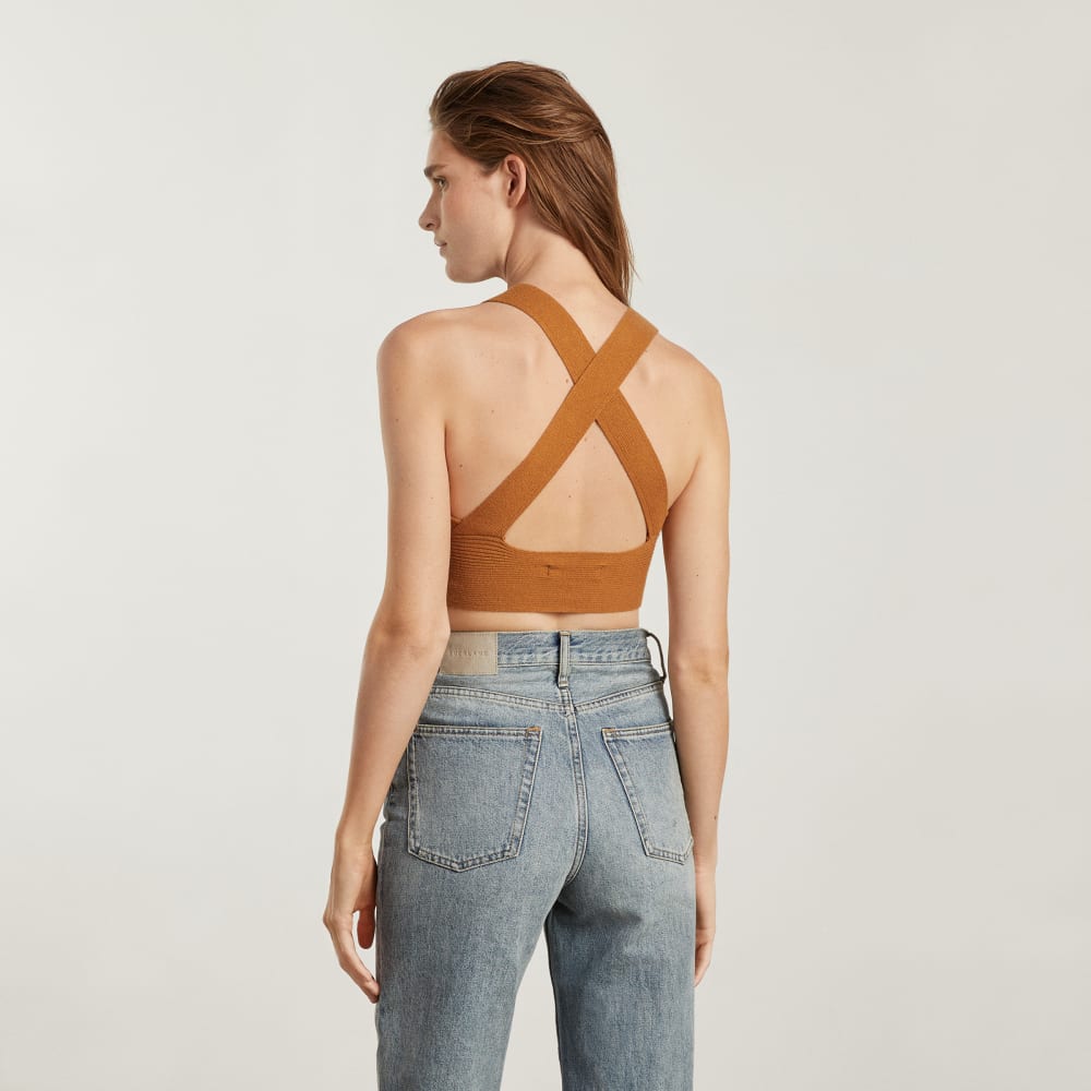 The Cross-Back Cropped Sweater Top in Butter Caramel — detail view