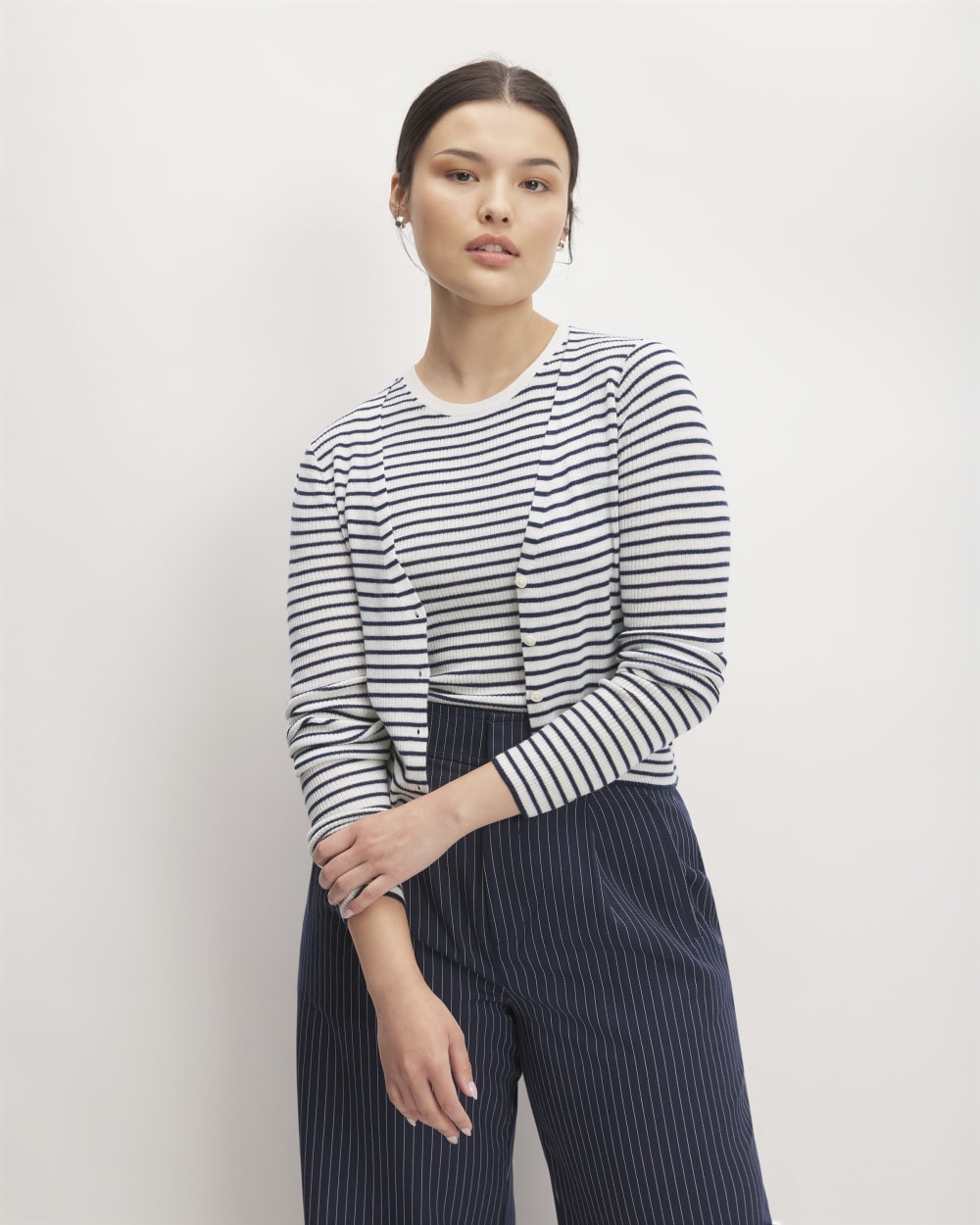 The Cardigan in Ultrasoft Merino in Bone/Navy — front view