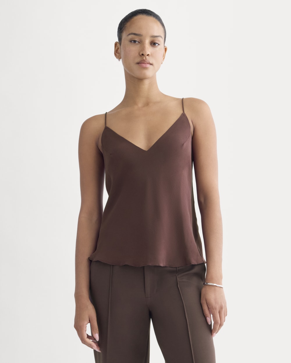 The Tie Back Cami in Washable Silk in Deep Plum — front view