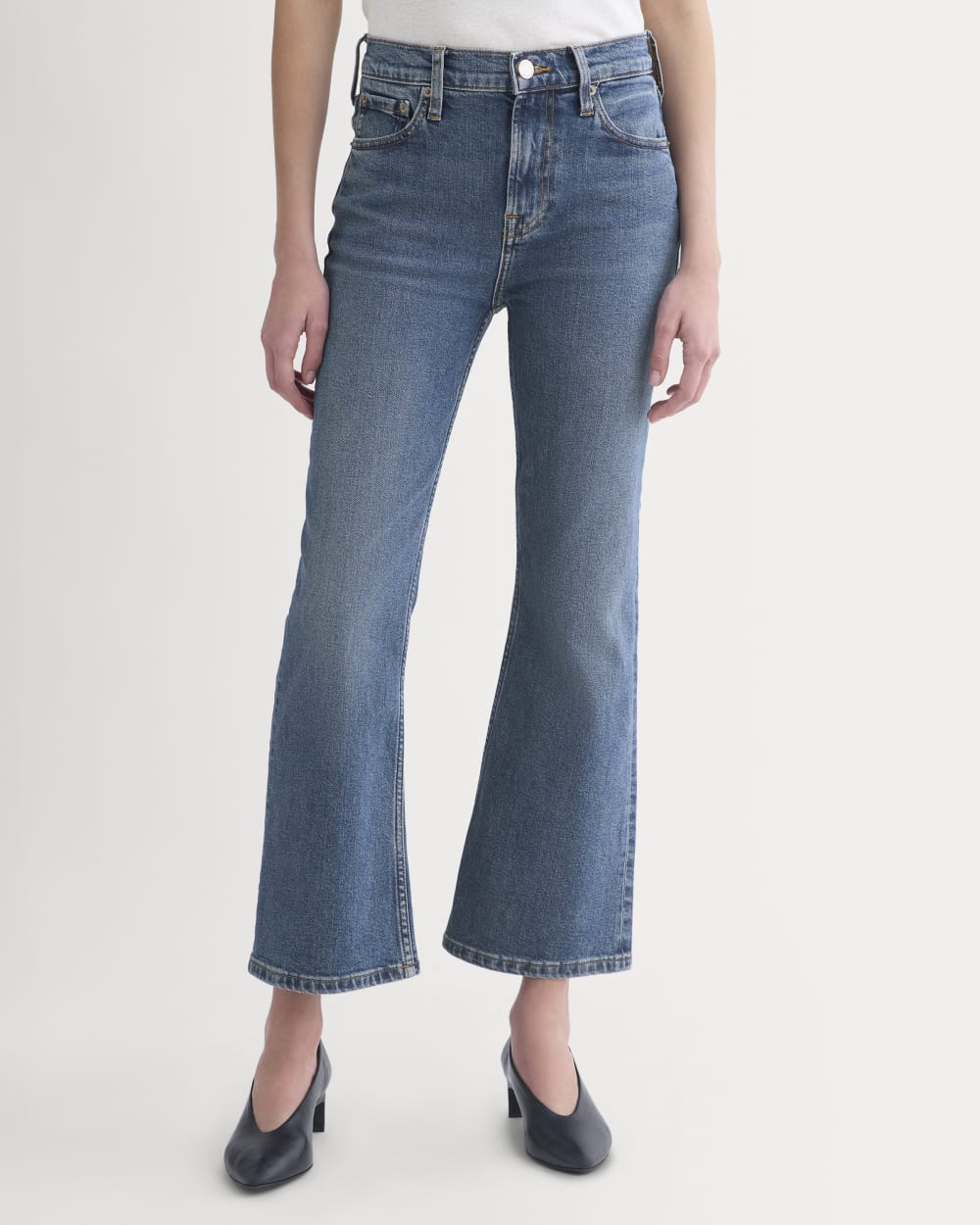 High-Rise Kick Flare Jean in Washed Indigo — detail view