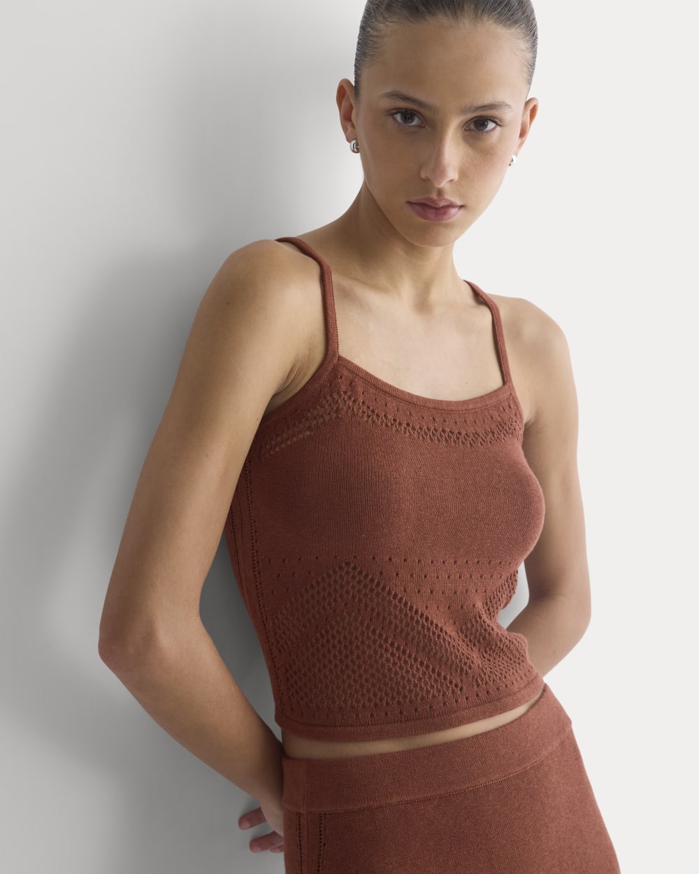 Lace-Knit Cami in Henna Red — detail view