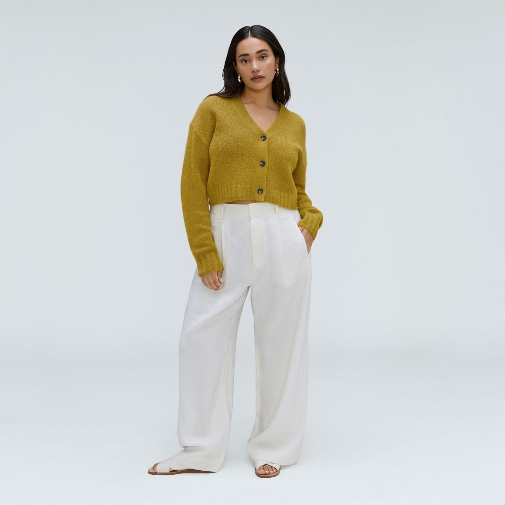 The Alpaca V-Neck Cropped Cardigan in Golden Palm — detail view