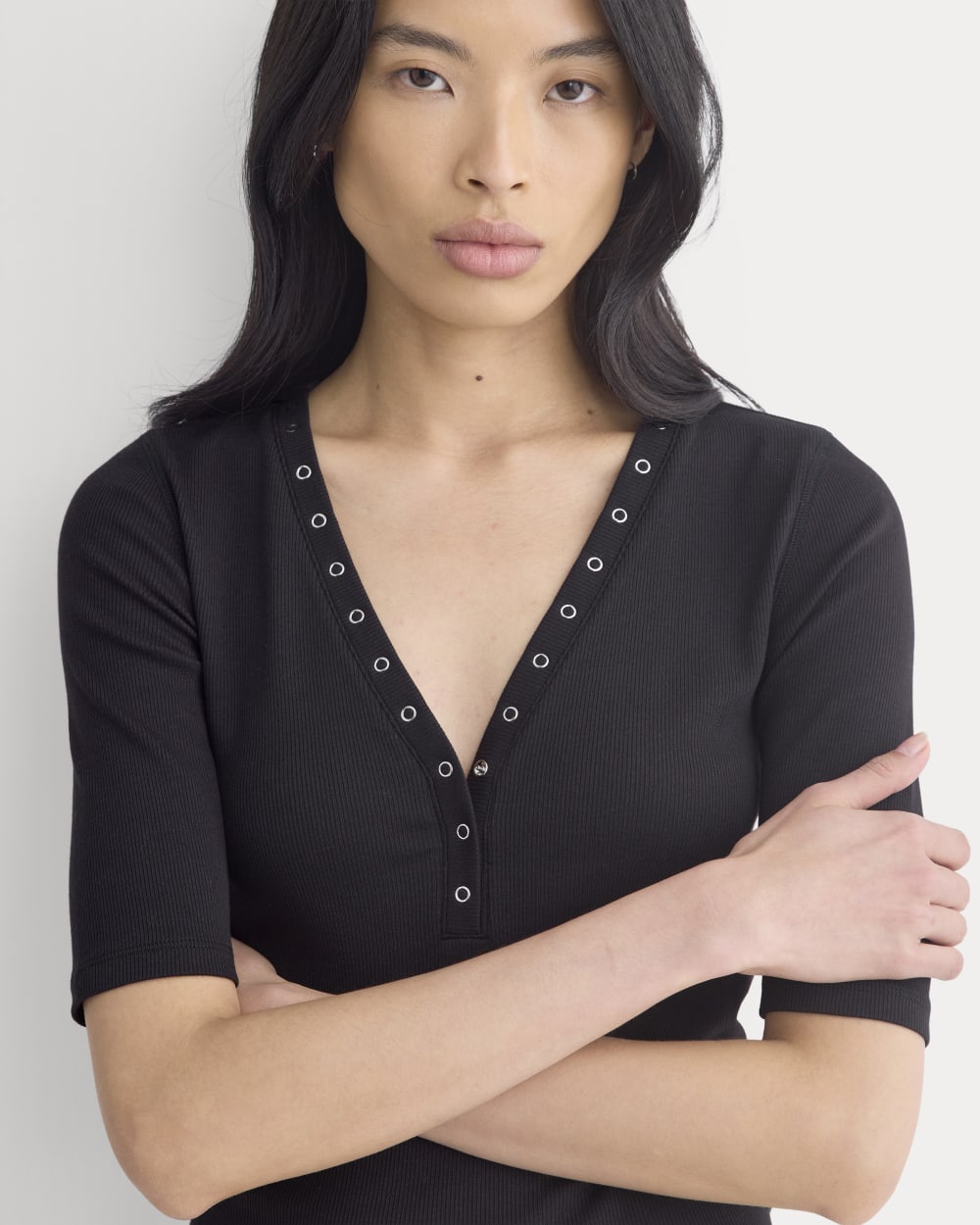 Luxe Rib V-Neck Henley in Black — detail view