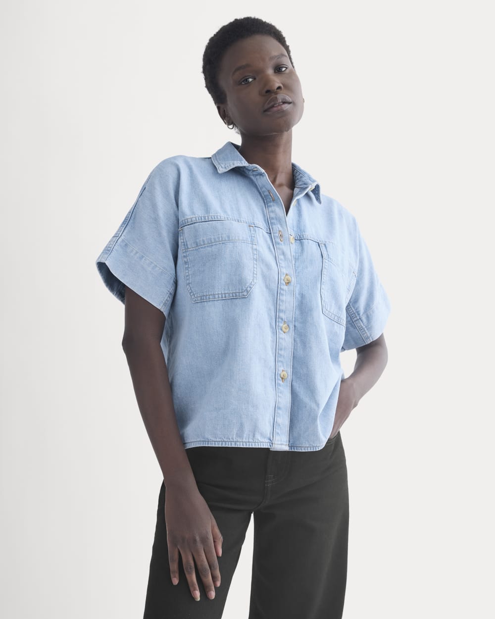 Cropped Boxy Denim Shirt in Light Indigo — detail view