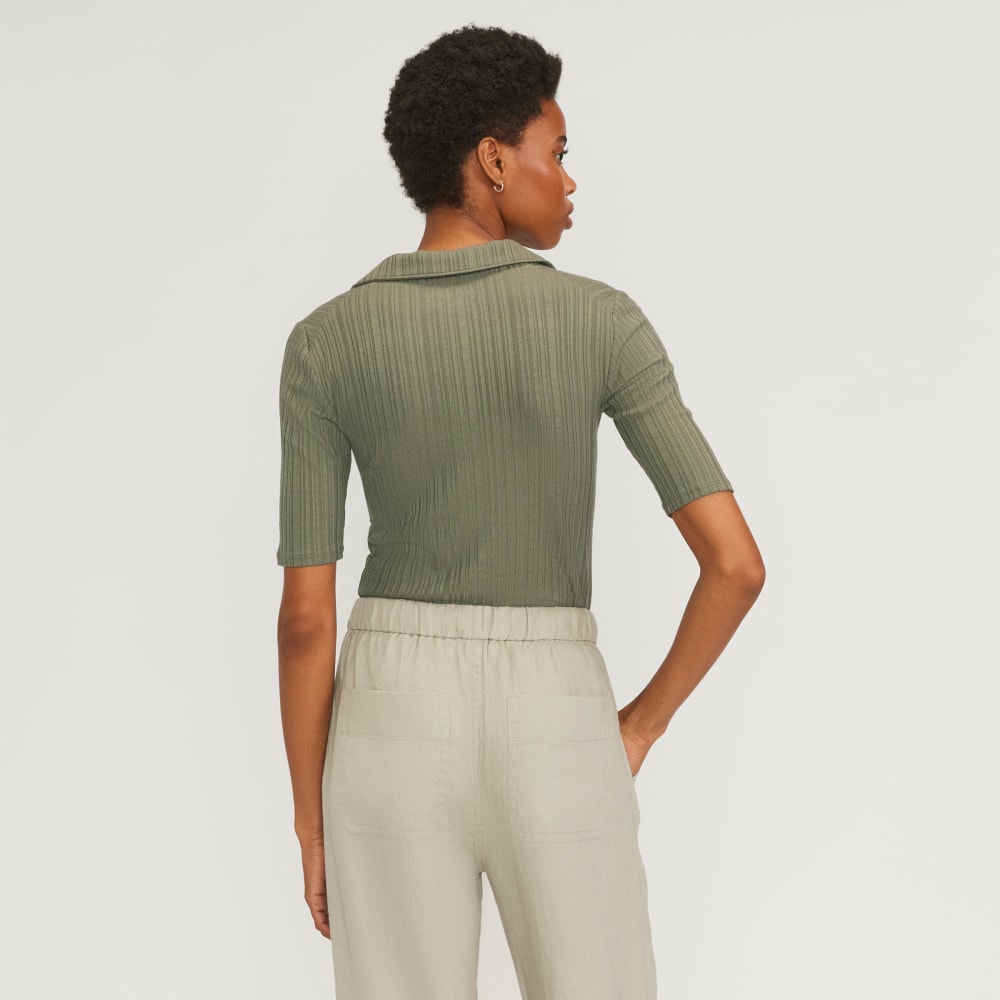 The Rib Soft Knit Open Collar Polo in Kalamata — detail view