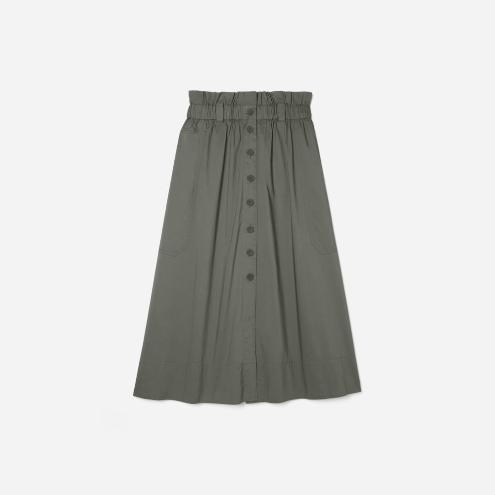 The Easy Button-Front Skirt in Pewter Green — front view