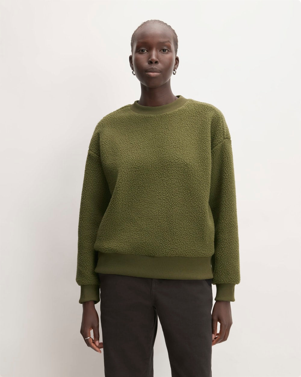 The ReNew Fleece Oversized Crew in Kalamata — front view