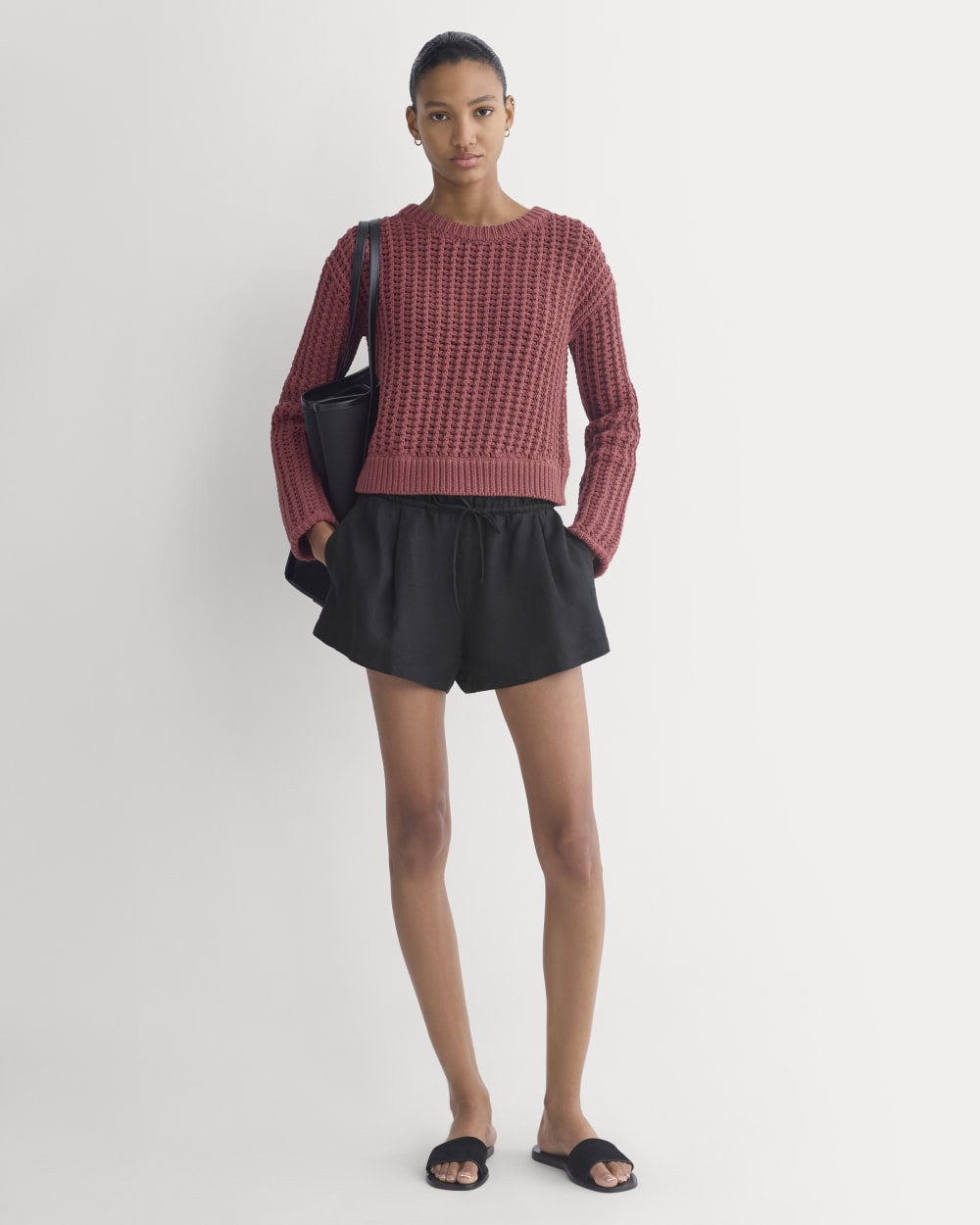 Open-Knit Crew in Elevated Cotton in Henna Red — detail view