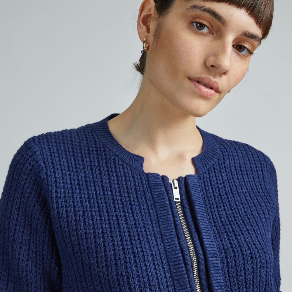 The Cropped Cotton-Merino Bomber in Bright Navy — detail view
