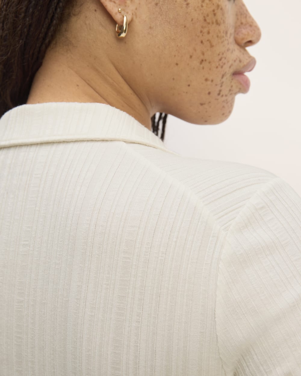 The Rib Soft Knit Open Collar Polo in Bone — detail view