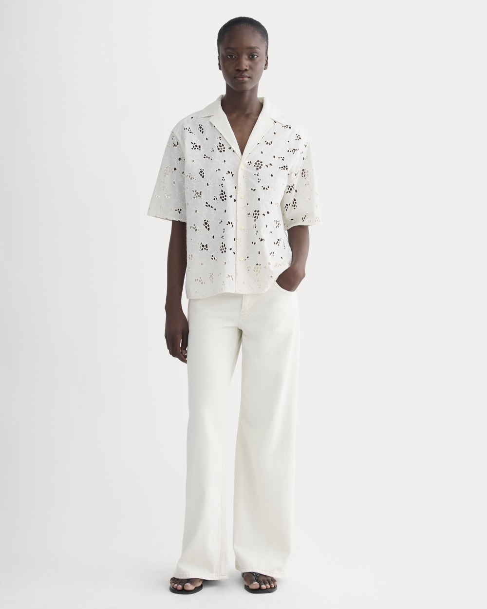 The Eyelet Camp Shirt in Bone — detail view