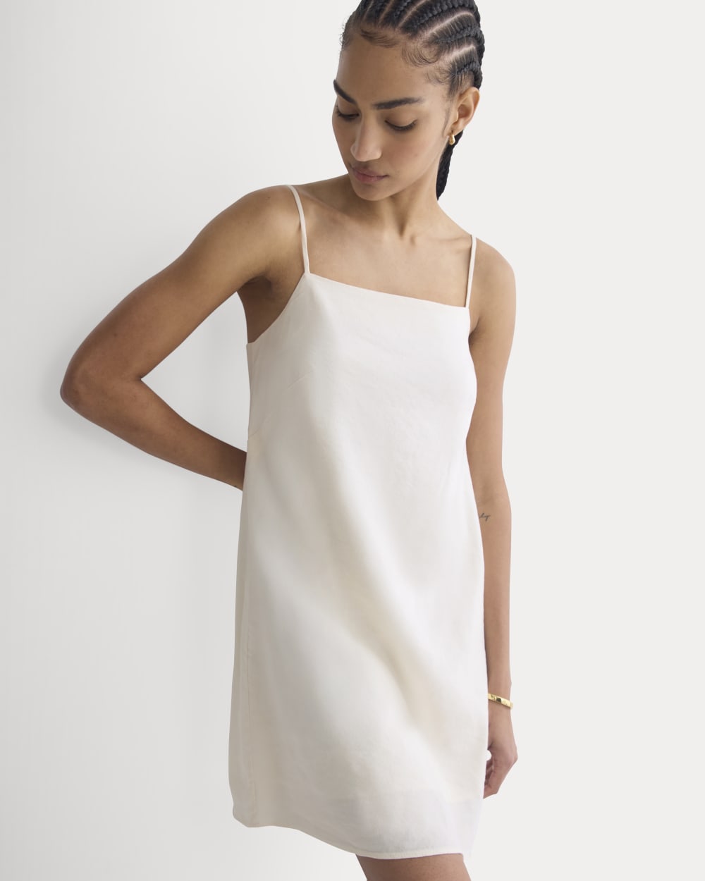 Mini Shift Dress in Stretch Linen in Bone — front view